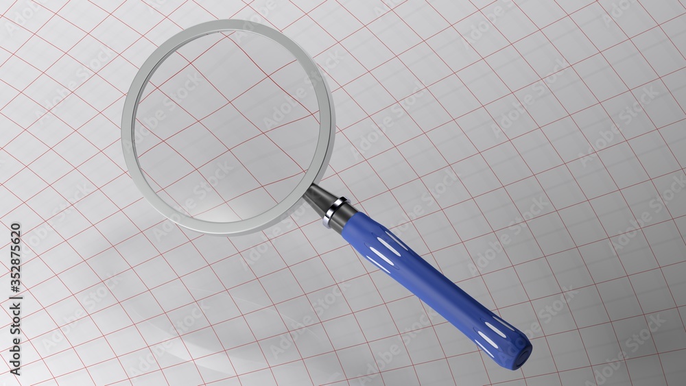 Poster magnifier over a white background with red grid - 3d rendering illustration