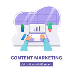 Content marketing service poster or flyer. Hand typing on notebook in working space office illustration.
