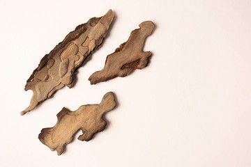 Pine tree bark particles on beige background, top view. Template for flat lay about natural bio...