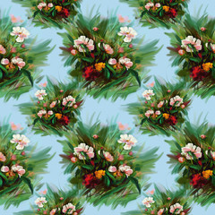 wild flowers bouquet seamless pattern blue background