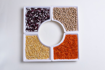 Beans, peas, bulgur, lentils and chickpeas are healthy legumes. Cereals are a source of energy. The concept of vegetarian food. Top view. Copy space