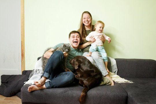 Young happy family with little toddler kid and pets dog and cat at home on the couch