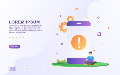 Illustration of app error and request an update with a smartphone icon and a warning sign
