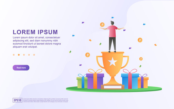 Illustration of reward programs and online stores with gift box and trophy icons