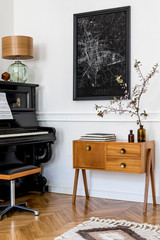 Modern composition of home interior with stylish black piano, design cabinet, carpet, flower, lamp, decoration, mock up poster map and elegant personal accessories in stylish home decor.