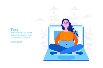 Woman sitting with crossed legs, on laptop at work place. Vector illustration for web banner, infographics, mobile. meditation.