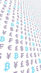 Bitcoin and currency on a white background. Digital crypto currency symbol. Business concept. Market Display. 3D illustration