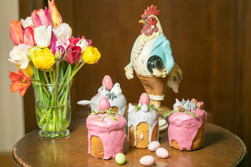 Easter Cake - Russian and Ukrainian Traditional Kulich, Paska Easter Bread. Selective focus.