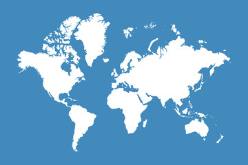 World map. World map with continents, North and South America, Europe, Asia, Africa and Australia on blue background