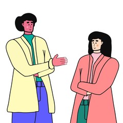 Acquaintance of two young people. A man holds out his hand to a woman. business meeting. Vector character in cartoon