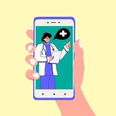 Online doctor. Hand holds smartphone and telk to medic. Therapist consultation. Vector cartoon hand drawn illustration