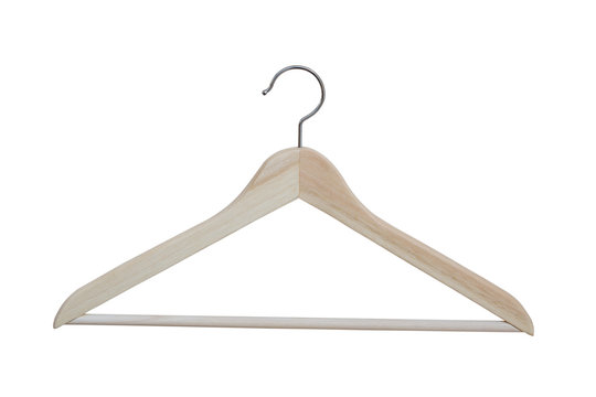 White wooden hanger isolated on white background. Top view and copy space.