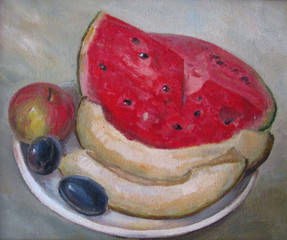 still life with chopped melon, watermelon and plums, oil painting