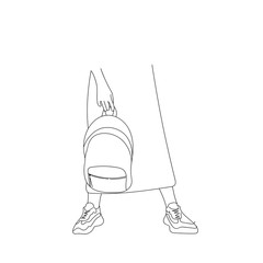 Linear drawing fashion sketch of backpack holded by hipster teen girl in skirt and sneakers, vector illustration for design