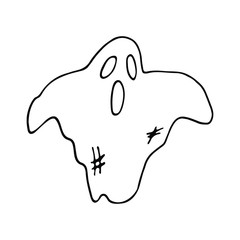 Isolated hand-drawn vector illustration of mystery ghost or poltergeist in doodle style. Halloween decoration for greeting card, invitation, poster.