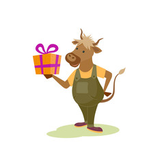 Сute cartoon bull in anthropomorphic style holds a gift box with bow.Vector isolated colorful illustration.