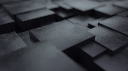 3d render. Abstract background with black cubes. Black cubes with depth of field.