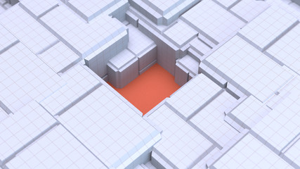 3d render. Abstract background with white cubes.Orange grid on top. White cubes with depth of field.