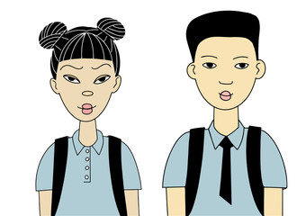 faces of Asian teens boy and girl outline doodle style vector illustration
