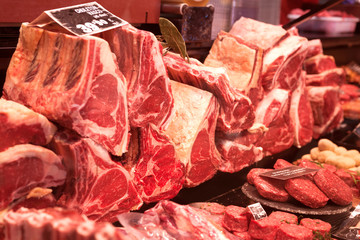 pork, beef, tenderloin, meatballs, entrecote, ham, carbonate in refrigerator on market counter