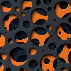 Abstract background with cut out circles of different sizes in paper cut style. Layered 3d backdrop with round holes. Vector card illustration in dark grey and orange shapes cut out from cardboard.