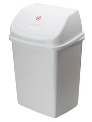 white plastic trash can with lid