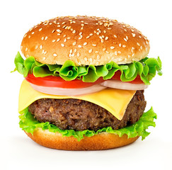 Big cheeseburger isolated on white background.