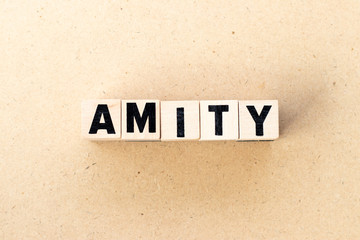 Letter block in word amity on wood background