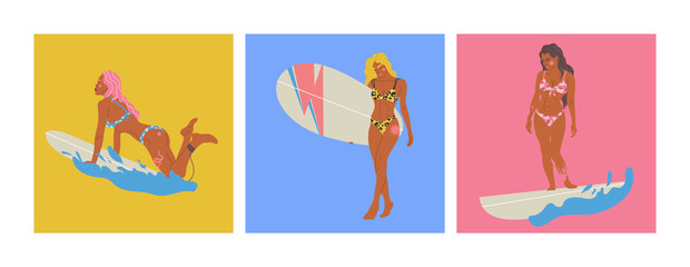 Vector illustration set girls with surfboards. Inspirational women illustration. Summer vibe.