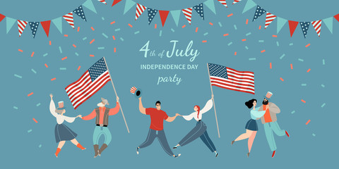 America Independence Day party invitation template with cheerful dancing couple with flags and hats. Happy Fourth of July