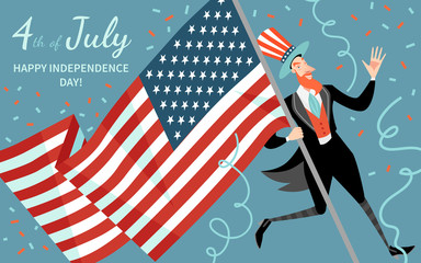 Happy Fourth of July. America Independence Day greeting banner template with funny man holding a flag