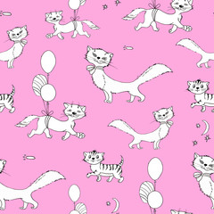 Seamless pattern of funny cats drawn in ink on a pink background
