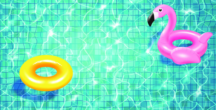 Swimming pool with floating realistic 3d pink flamingo, blue water, ripples and highlights. Texture of water surface and tiled bottom. Overhead view. Summer background.