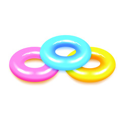 Swim rings on white background. Inflatable rubber toy for  water and beach or trip safety.
Life saving floating lifebuoy for beach or ship, rescue belt for saving people. Vector illustration. 