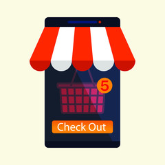 vector mobile shopping cart icon in flat design with shopping basket ready for check out - 352885630