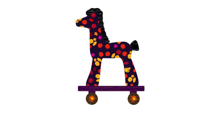 Children's horse on wheels. Toy icon. Isolated. Wooden horse. white background. Vector stock illustration. Flat. Copy space.