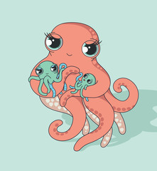 Lovely mom. Cute mom octopus with two octopus kids.