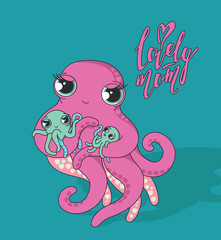 Lovely mom. Cute mom octopus with two octopus kids.