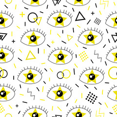 Seamless pattern with yellow eyes. Doodle style. Stars in the eyes. The Memphis style. Vector illustration with psychedelic symbols. Circles, triangles, lines. Pattern with eyes. Geometrical figure.