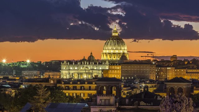 Rome skyline aerial view, rome vatican church downtown view time lapse at dusk.