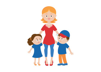 Happy mom and two children vector. Happy mother with two children vector. Mom and kids icon isolated on a white background. Beautiful mom and cute children cartoon character