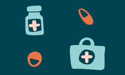 Vector hand drawn medicine bottle illustration. Doodle first aid kit icon.