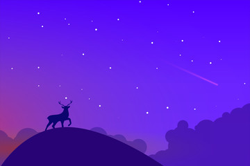Obraz na płótnie Canvas Deer silhouette on hill, starry night sky with shooting star