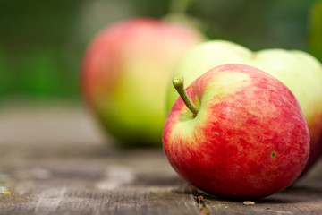 home grown Red organic fresh apple fruits on rustic wooden table in the summer garden. close up Organic raw vegan healthy food. Summer color. Bio food. Nature design.