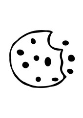 Chocolate chip cookie a bite taken. Homemade choco chip cookies with chocolate crisps isolated on white background. Bitten, broken, cookie crumbs. Illustration in doodle  style. Sweet food. Biscuit