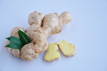 Organic fresh ginger root on white background with blue light tone