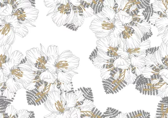 Deurstickers seamless pattern of royal poinciana flowers with hand drawn and line art on white background © Sptgallery