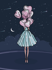 Cute girl with balloon in the shape of heart. Stylish young woman in azure dress walks at night under the starry sky. Drawing, design, sketch for postcard, notepad, card. Vector illustration holiday