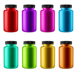 Brushed Aluminium Bottle with Black Cap 8 Multicolor Set, Isolated on white background.