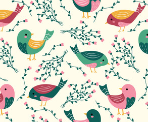Colorful birds repeat pattern. Nursery art background. Children's fabric pattern design. Wallpaper design.
